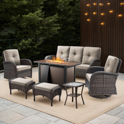 Valierius 7-Piece Outdoor Wicker Set With Fire Pit, 3-Seater Sofa, Swivel Chairs & Ottomans