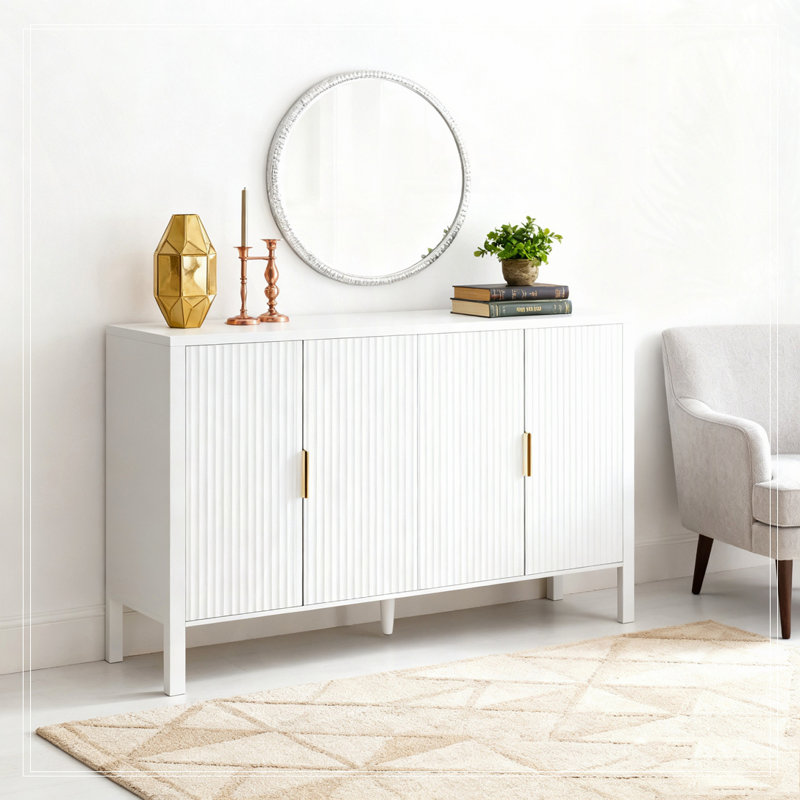 Armoire de rangement 57,5 po à portes rayées, buffet à 4 portes avec supports de rangement à l'arrière et crochets latéraux, tablettes réglables