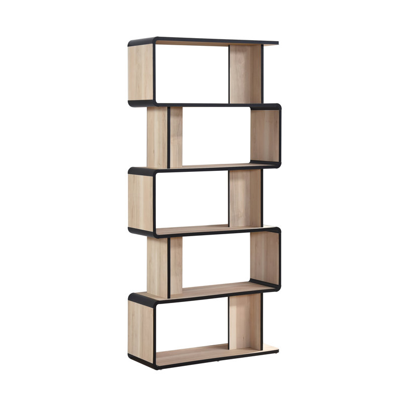 Modern 5-Tier Freestanding Wooden Bookshelf, Geometric Open Shelf Bookcase for Living Room, Bedroom or Home Office, Oak/Black