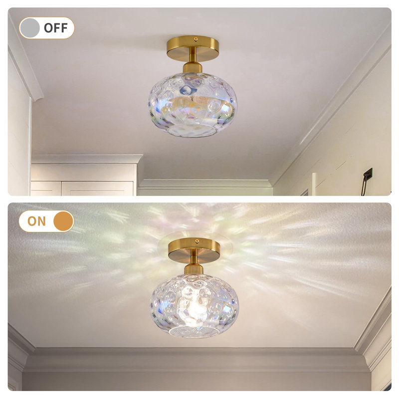 Gold Semi Flush Mount Ceiling Light with Stained Hammered Glass Shade