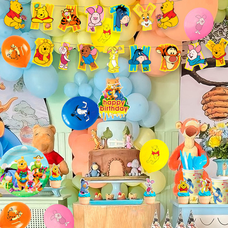 Décorations de fête d'anniversaire Winnie l'ourson, 112 pièces de fournitures de fête Winnie l'ourson et ensemble de vaisselle pour enfants Winnie l'ourson