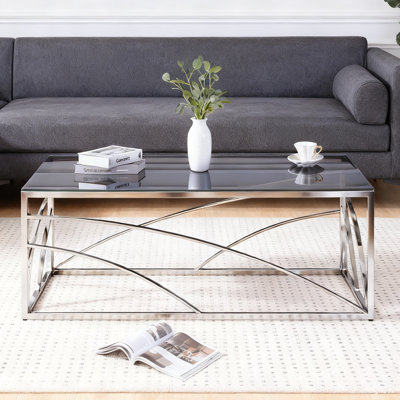 Regency Modern Stainless Steel Silver Coffee Table With Tempered Glass Top
