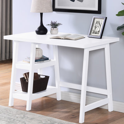 Bureau d'écriture contemporain blanc avec rangement - zone supérieure abondante, 2 tablettes ouvertes, pieds en bois d'hévéa de haute qualité, l 42 po x P 30 po, style épais de 1,18 po, support de pieds robuste et spacieux,