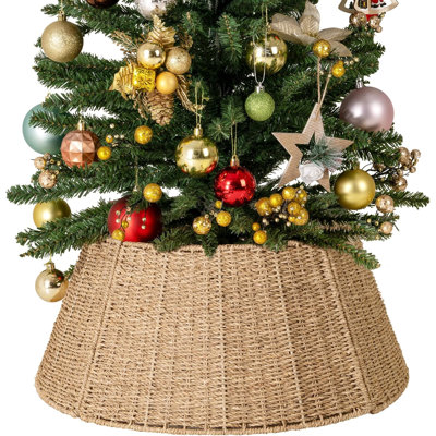 Collet d'arbre de Noël Seagrass, jupe d'arbre tissée à la main 22,5 pouces - 4 pièces de couverture de ferme rustique naturelle pour arbre de Noël artificiel 6 pi 7 pi