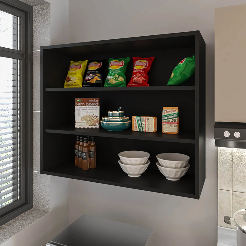Armoire de cuisine murale avec finition noire avec rangement - 30 pouces de hauteur, 36 de largeur, 12 de profondeur, panneau de particules, grattoir, ranger les épices, les bols et les bocaux