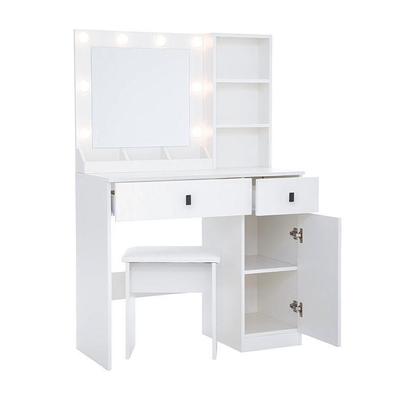 White Vanity Desk With Lights And Rotating Mirror - Modern Bedroom 2 Storage Adjustable Brightness Large Space For Makeup 2 Drawers