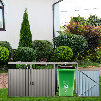 Abri à poubelles en métal gris - Peut contenir 3 poubelles, antirouille, ventilé, facile d'entretien. À assembler soi-même.