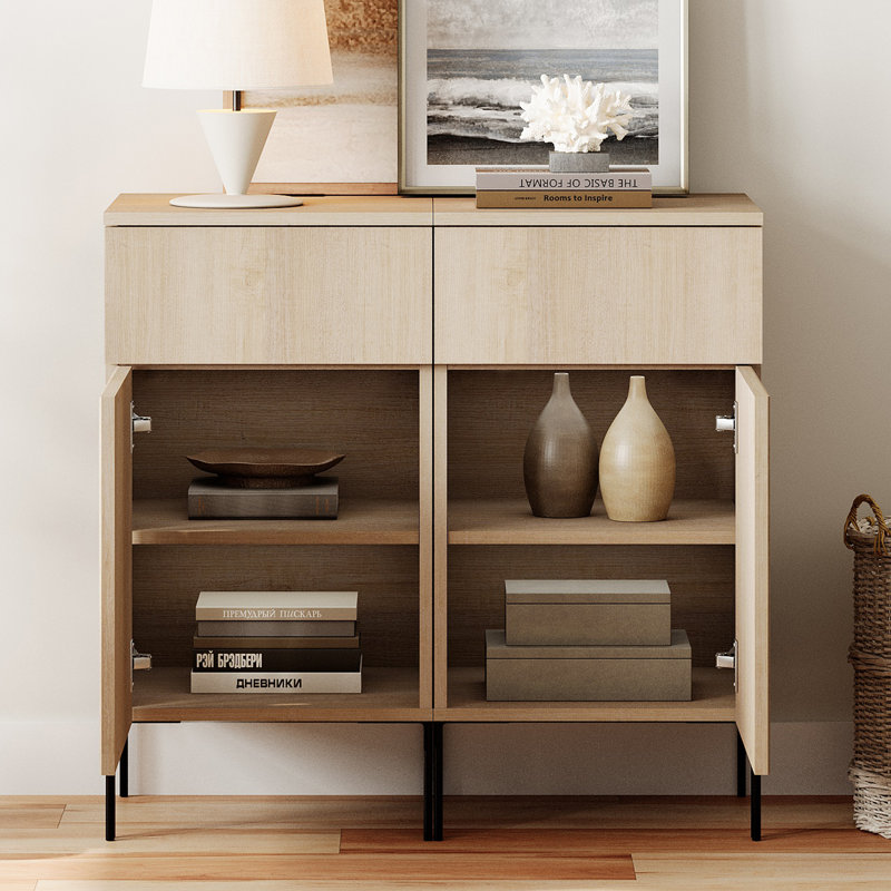 Union Rustic 31.5" Wooden 2-Doors Sideboard With Charging Station, Modern Reeded Credenza Storage Cabinet For Kitchen, Dining Room