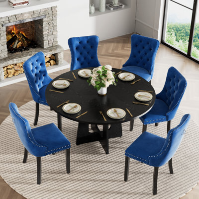 47" Round Wooden Dining Table Set for 4-6, Modern Velvet Upholstered Chairs with Rivet Details, Kitchen & Dining Room Furniture Set, Splicing Tabletop, Safe Corner