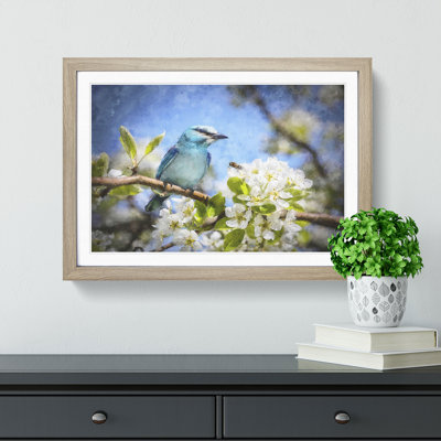 Blue Bird & Cherry Blossom Tree Painting 1 Piece Single Picture Frame Wall Art on MDF