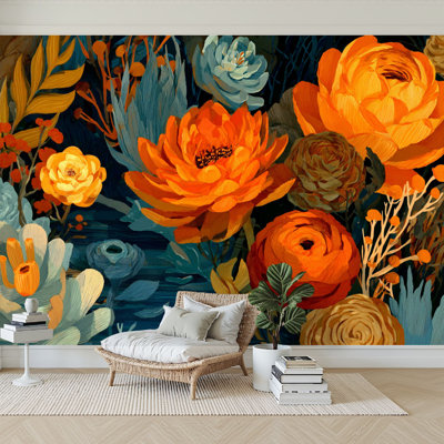 Papier peint auto-adhésif abstrait floral audacieux aux couleurs chaudes et aux motifs botaniques rétro H 100 po x l 144 po, papier mural amovible en PVC, autocollant, pour chambre à coucher, bureau à domicile
