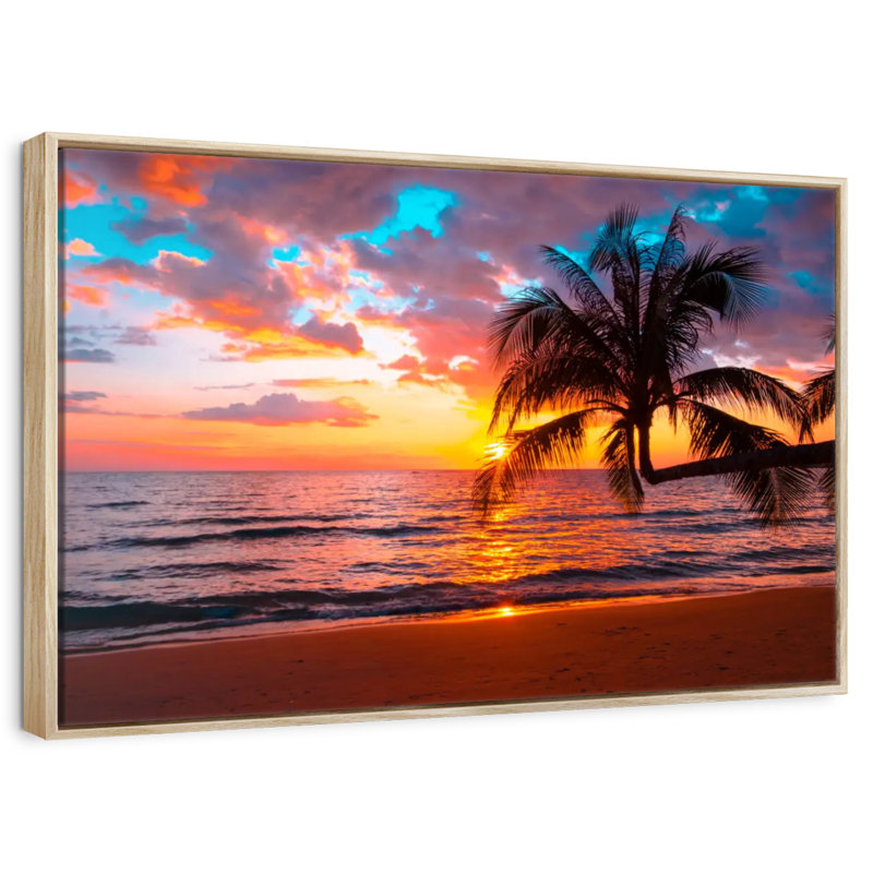 Coucher de soleil sur l'île, Cadre flottant en bois naturel, 40 po x 27 po