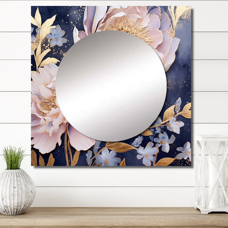 Pink Retro Peonies On Blue - Poppies Square Living Room Wall Mirror Art, 29" x 29"