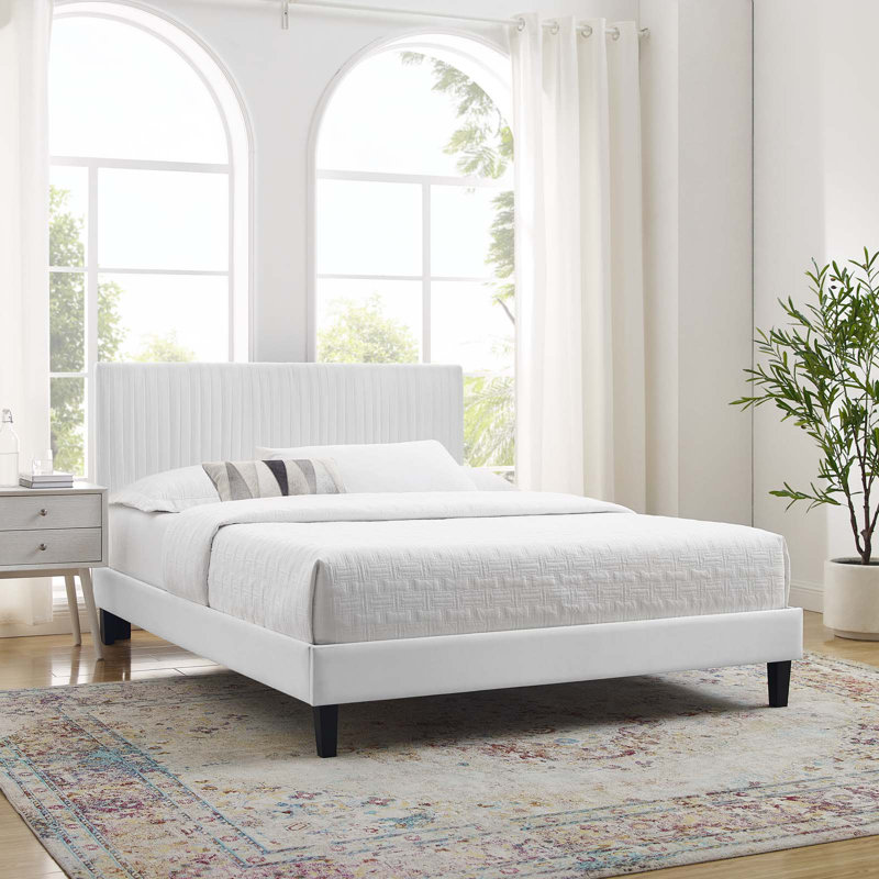 Peyton Performance Velvet Platform Bed, White, Twin