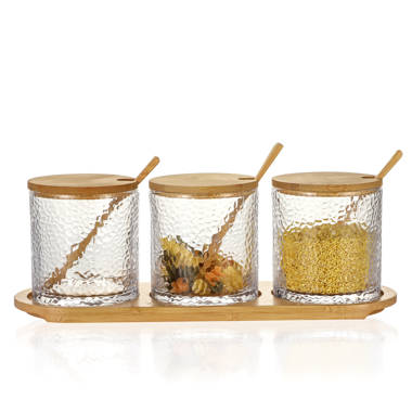 Set of 3 Glass Condiment Spice Jars With Bamboo Lids, Spoons and Tray