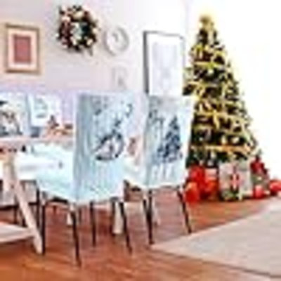 Christmas Chair Covers Set Of 6, Removable Washable Stretch Christmas Chair Covers With Tree, Santa, Snowman, Elk For Dining, Hotel And Holiday Party Decor(Light Blue,Snow)