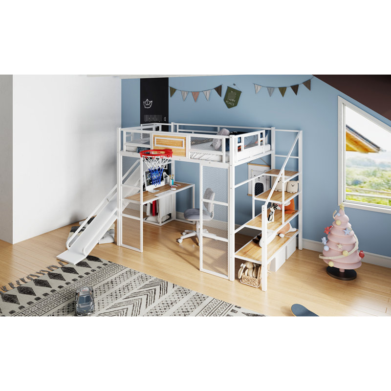 Modern Bedroom Metal Loft Bed In White With Desk, Wardrobe, Hoop, Slide And Staircase - Integrated Slide, Stairs Magnificence