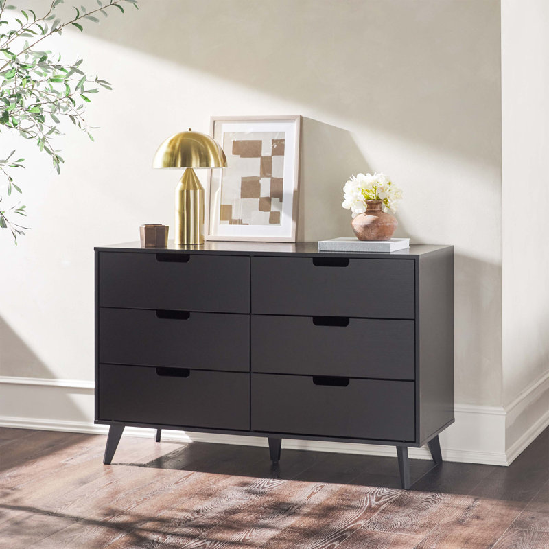Black Mid-Century Modern 6-Drawer Dresser with Cut-Out Handles