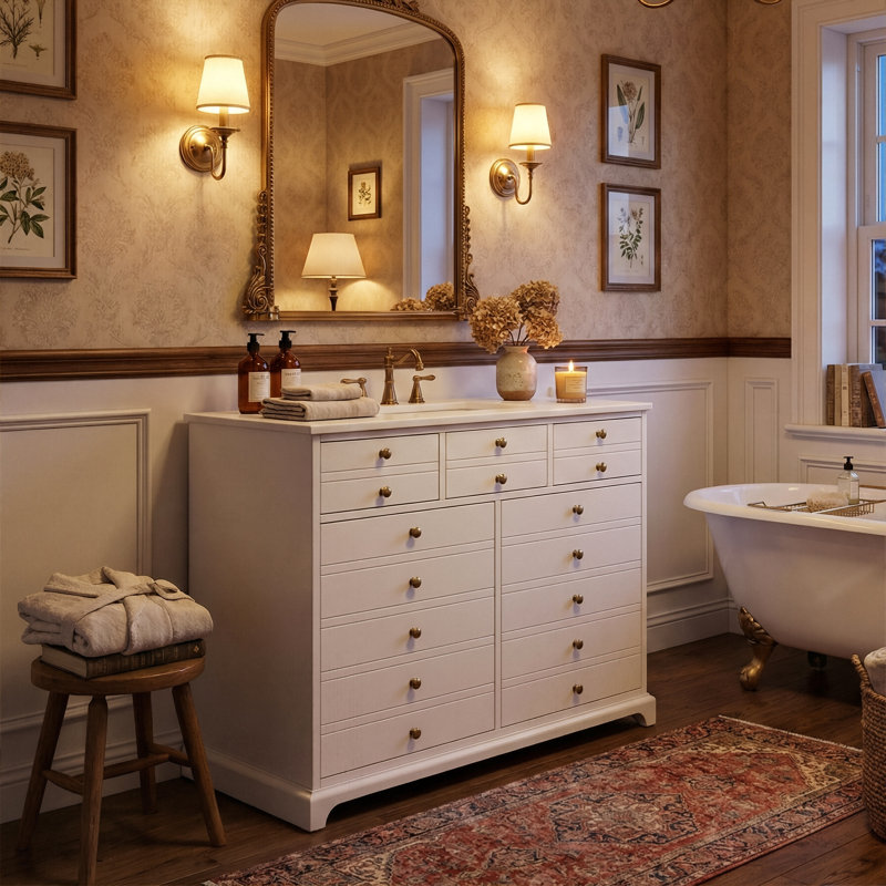 36" Solid Wood Frame Apothecary-Style Bathroom Vanity, Retro Grooved Cabinet With Ceramic Sink, 2 Drawers & 2 Doors (White / Black)