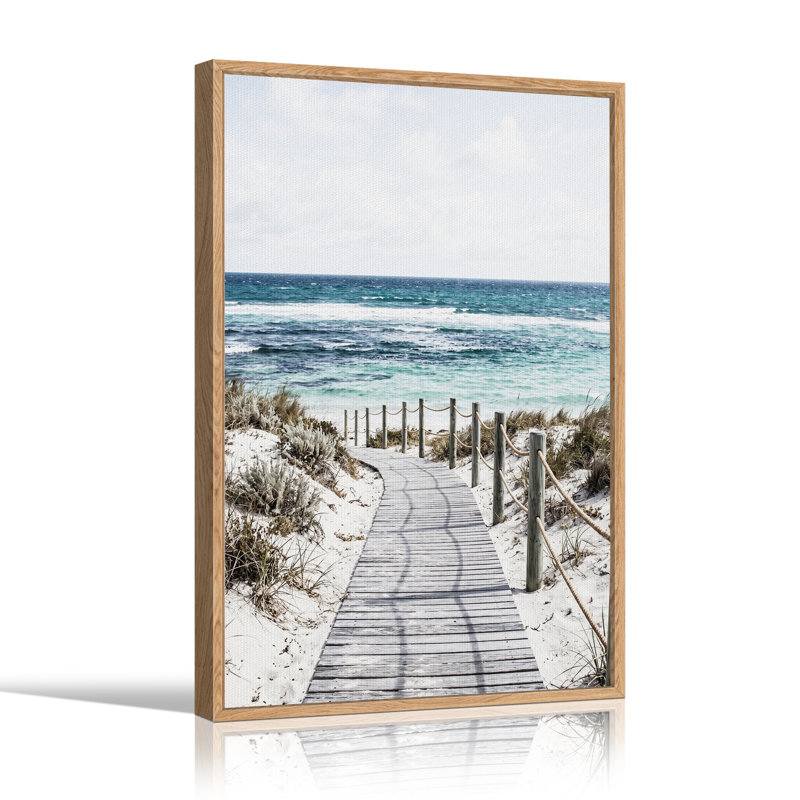 Art mural en bois, promenade en bois vers l'océan turquoise et sable blanc, H 24 po x l 18 po