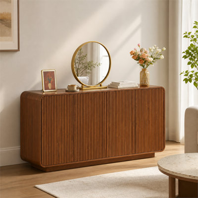 Walnut Finish Modern Vertical Grooved Sideboard Buffet Storage Cabinet Waterproof Scratch Resistant With Anti Collision Rounded Corners Soft Close Push To Open Doors Large Capacity Organizer Easy Assembly For Living Room Kitchen Dining Room