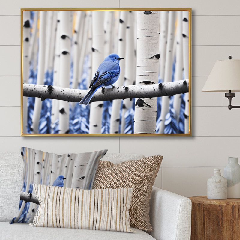 Markeis - oiseau bleu gris en forêt I - impression, 16" H x 32" W, Cadre flottant doré