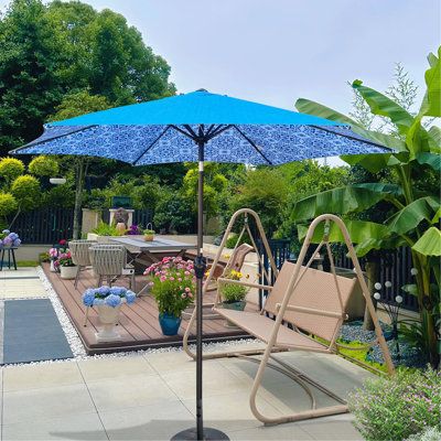 9ft Patio Umbrella With Pattern And Blue Canopy, Round High - Quality , 1.49'' Steel Pole, 6 Ribs, Crank Handle, Push Button Tilt, Air Vent For Wind Resistance, Weather Garden Shape, Diameter Upf 40