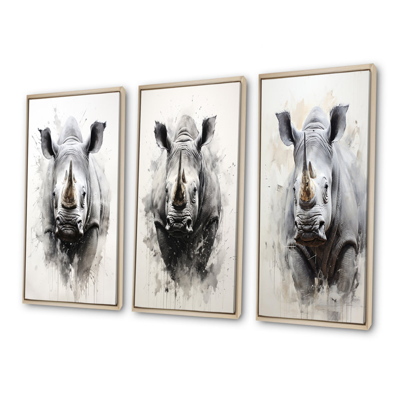 Mighty Stampede Rhinoceros - Ensemble de 3 impressions sur toile Rhinoceros, Cadre flottant brun, H 28 po x l 36 po