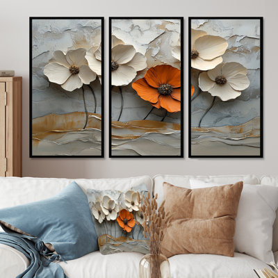 Blanc et orange, coquelicots en fleurs - coquelicots, art mural pour le salon - ensemble de 3