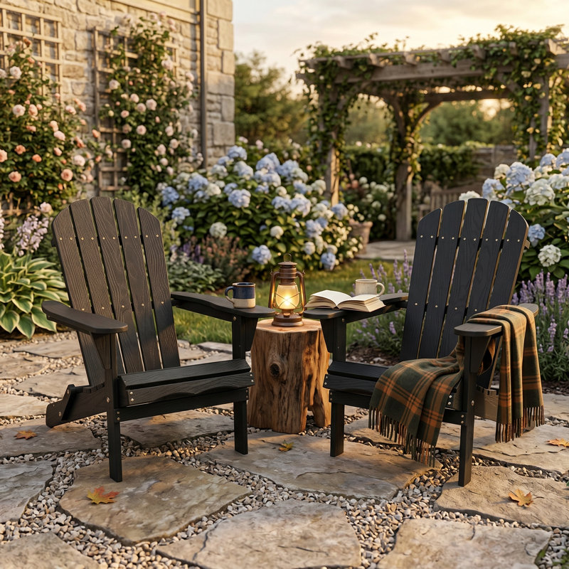Classic Solid Wood Foldable Adirondack Chairs, Half Pre-Assembled Patio Lounger, Black