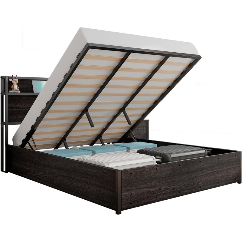 Lift Up Storage Wood Bed with Charging Station, Black, Full