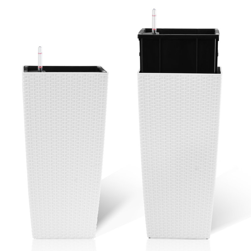 Jardinière carrée de 22 pouces de hauteur en faux 2 carrés blanc, arrosage automatique pour le porche blanc haut, arrosage, cour arrière design