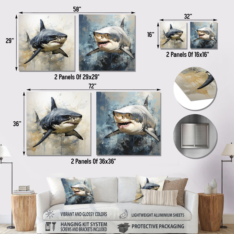 Gris Shark Shadows I - ensemble de 2 reproductions d'art murales en métal animaux côtiers, H 16 po x l 32 po