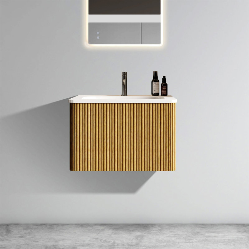 U056-Etna24w-308 Ensemble de meuble-lavabo flottant rayé en chêne brossé avec lavabo en céramique et tiroir en céramique Etna