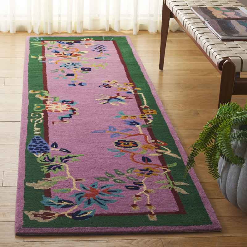 Tapis floral en laine / coton touffeté à la main Phaong - mauve / vert, Tapis de couloir 2 pi 3 po x 9 pi