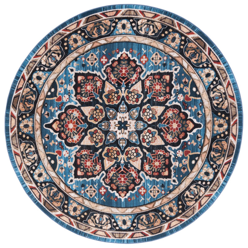 Manado Oriental Blue/Black Area Rug, Round 6'7"