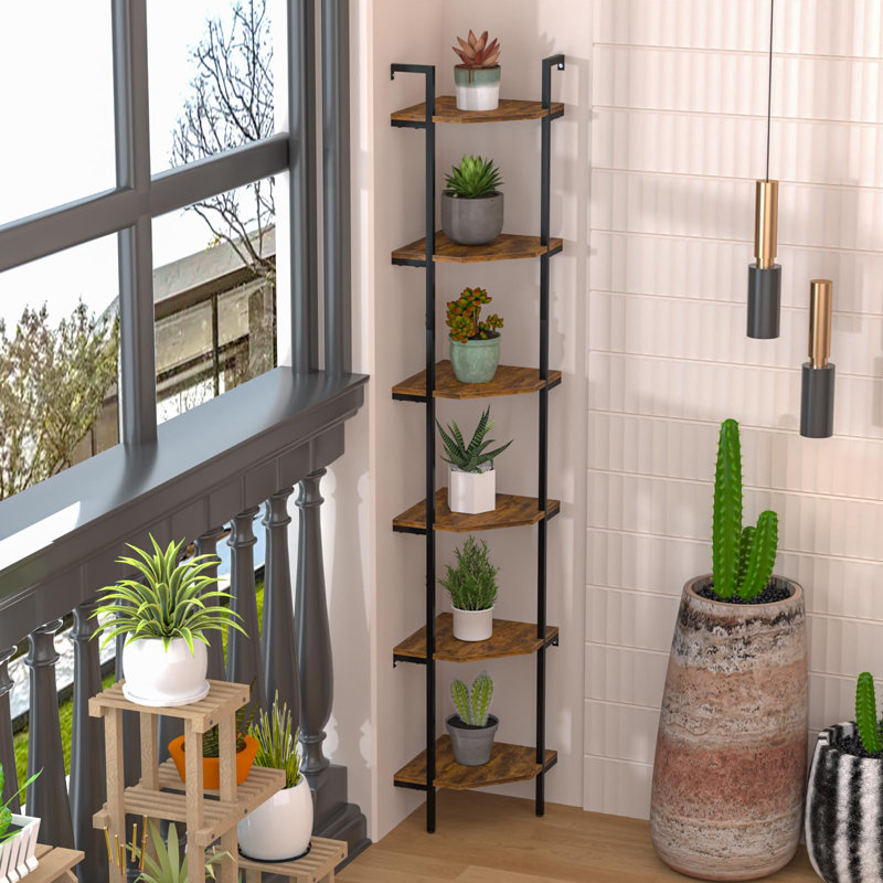 Brown Metal and Wood 6-Tier Corner Ladder Bookcase