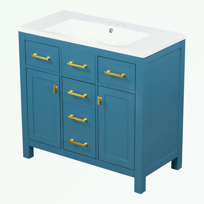 Ensemble de meuble-lavabo Bathroon avec lavabo en résine, 4 tiroirs et 2 armoires, Bleu