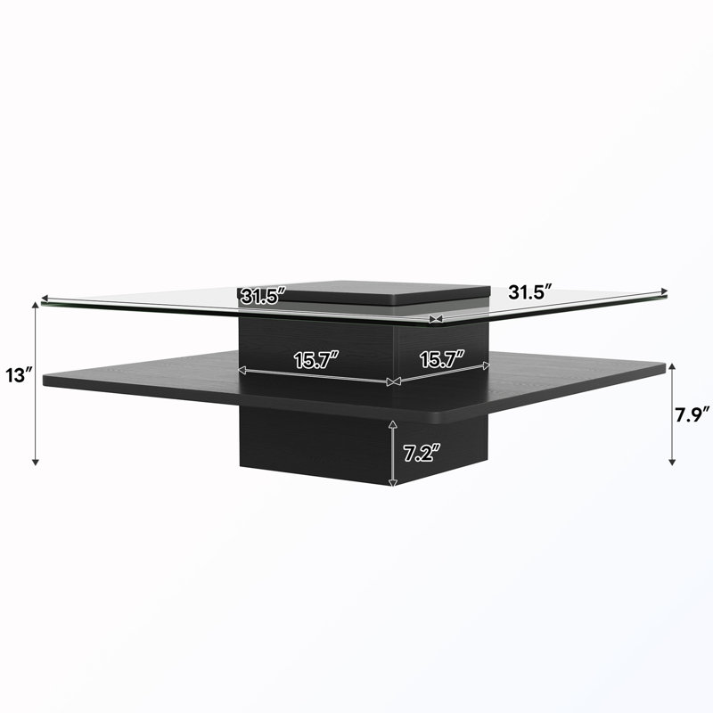 Table basse carrée avec plateau en verre et tablettes, Transparent&Black / Black