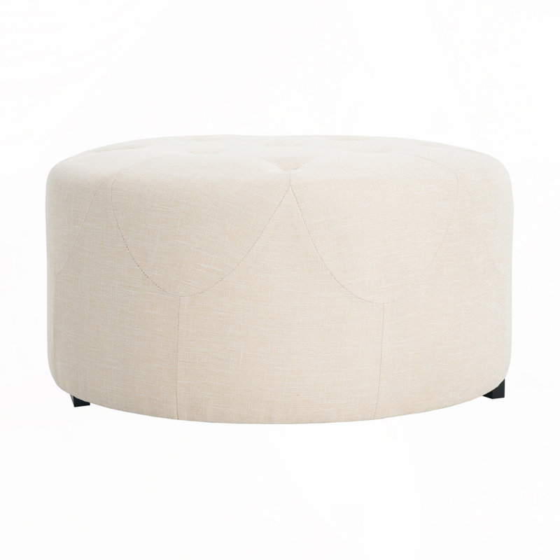 Upholstered Button Tufted Round Ottoman, Beige Linen Blend