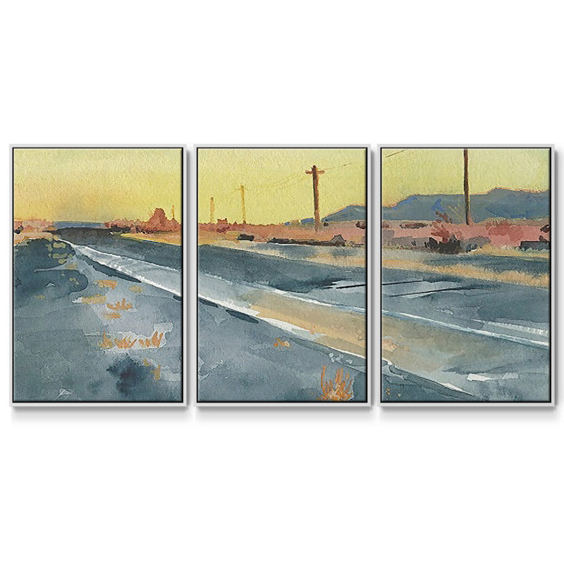 «Deserte Highway I», reproduction sur toile 3 pièces, H 40 po x l 78 po, Cadre blanc