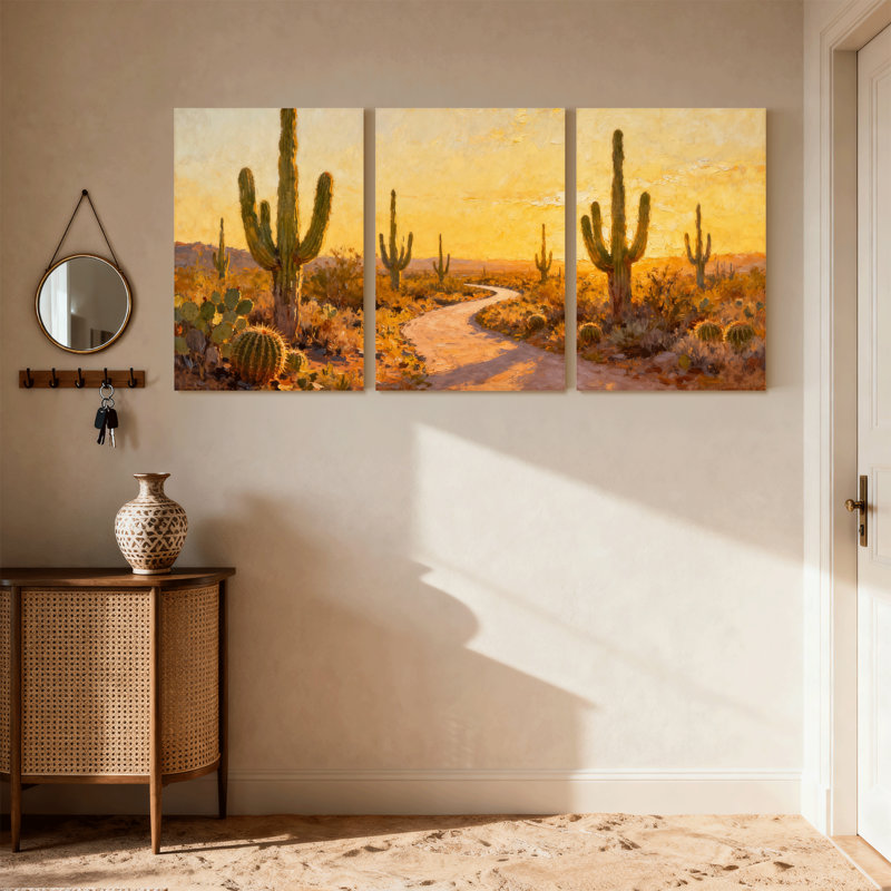 «Cactus Desert Landscape with Cactus and Sunset», ensemble de 3 impressions sur toile, H 24 po x l 48 po