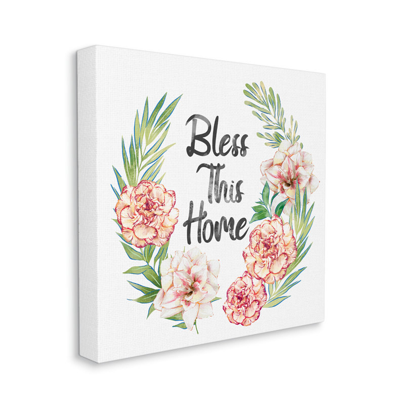«Bless This Home Saying Coral Pink Floral Arrangement» par Ziwei Li - Peinture, Toile tendue, H 17 po x l 17 po x P 1,5 po