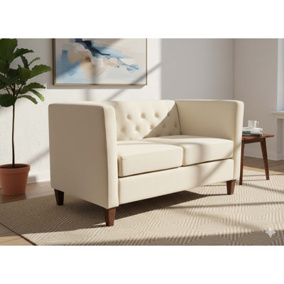 Mid-Century Velvet Loveseat with Tufted Back, Solid Wood Legs, and High-Resilience Foam for Modern Living Rooms.