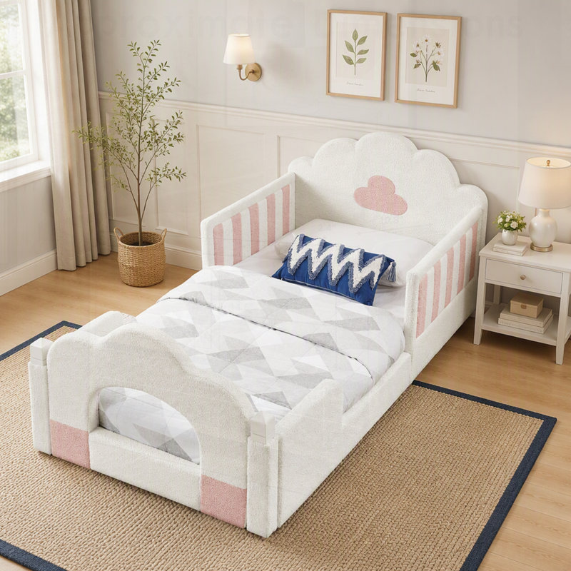 Lit Cloud avec barrière de sécurité, structure en bois massif pour le confort et la sécurité dans votre chambre à coucher