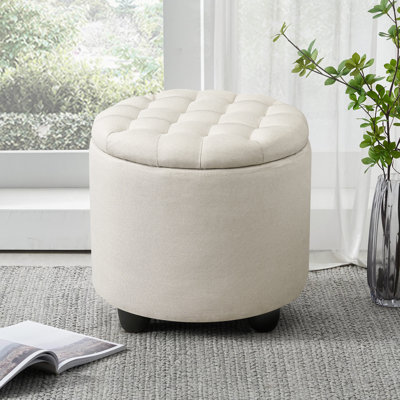 Modern Round Storage Ottoman, 18.75"W Linen Upholstered Pouf Stool with Hidden Storage for Living Room, Bedroom