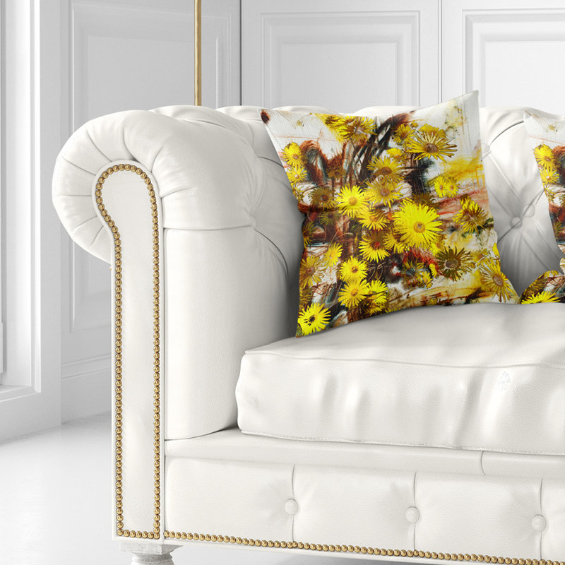 Aquarelle fleurs jaunes - coussin à imprimé floral, 16 po x 1 po, Coussin décoratif
