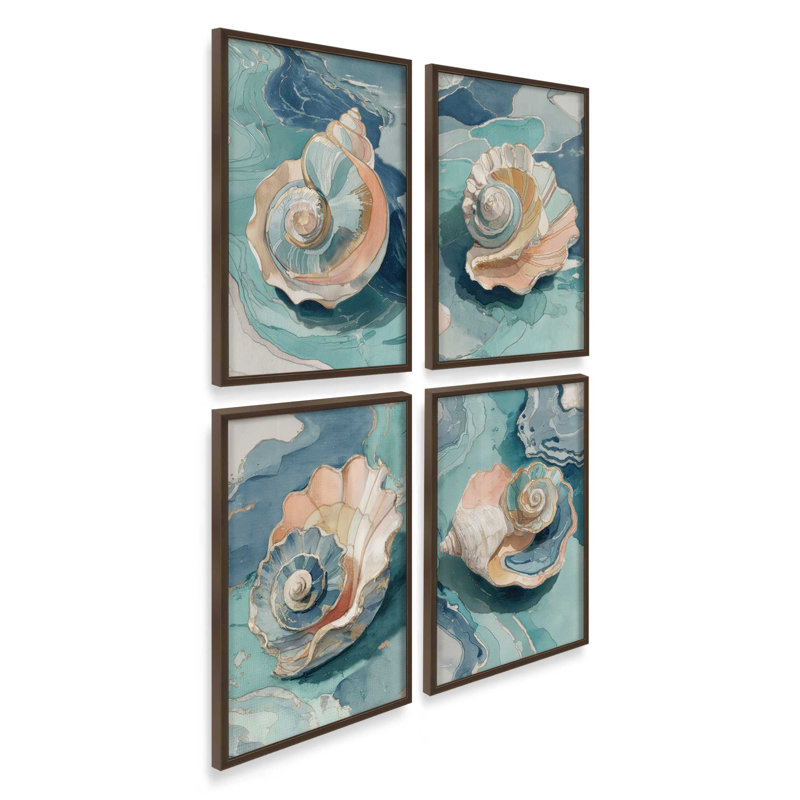 Ensemble de 4 impressions Shell Yeah Calm, 24 po x 18 po, Impression encadrée, Brun Belvinder