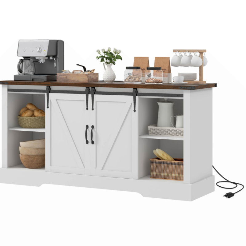 White Farmhouse Coffee Bar Cabinet with Sliding Barn Doors and Charging Station