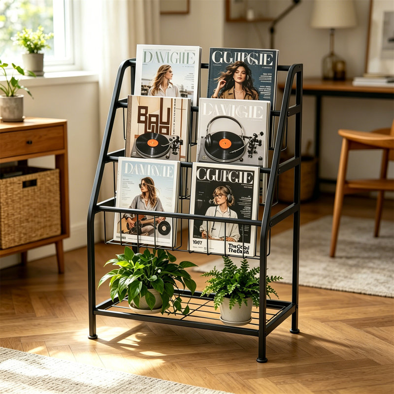 Small Metal Magazine Rack, Ladder Bookcase for Display and Storage, Home Office, Black
